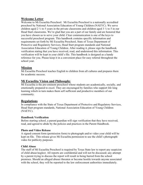 Welcome Letter Mission Mi Escuelita Vision and Philosophy ...