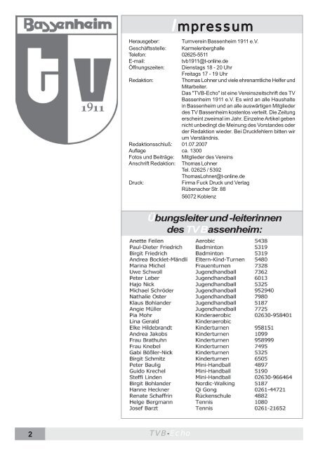 Inserenten im TVB-Echo 1 / 2007 - TV-Bassenheim 1911