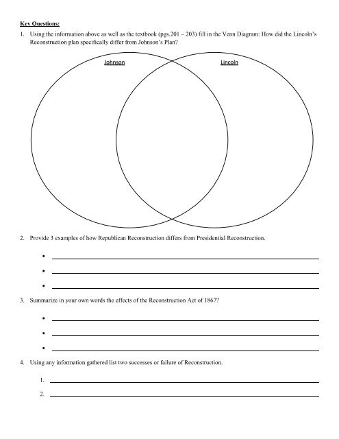 Presidential And Congressional Reconstruction Plans Chart Answers