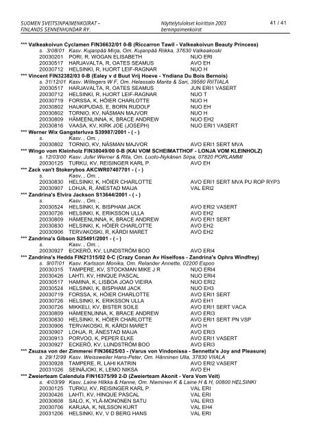 Berninpaimenkoirien nÃ¤yttelytulokset koirittain 2003 - Suomen ...