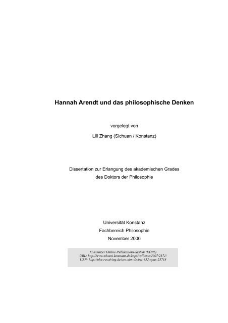 Hannah Arendt und das philosophische Denken - KOPS ...