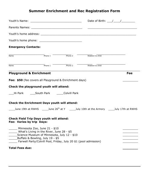 Summer Enrichment and Rec Registration Form - Red Wing Family ...