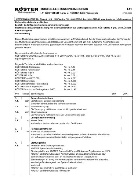 MUSTER-LEISTUNGSVERZEICHNIS I-11