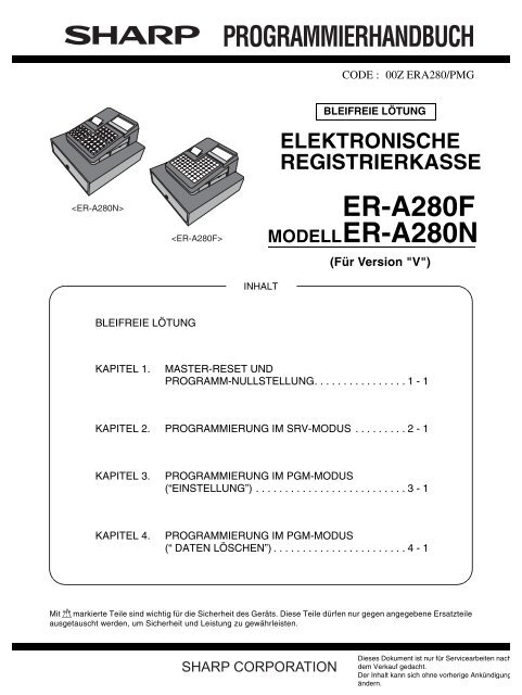 Programmier-Handbuch Registrierkasse Sharp ER-A280