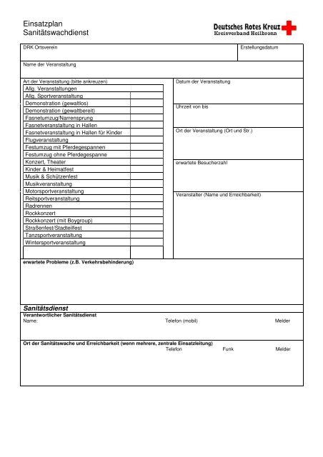 Einsatzplan fÃ¼r den SantÃ¤tswachdienst (Vorlage ... - DRK Leingarten