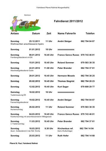 Fahrdienst-Plan 2012 - St. Paul Rothrist - Murgenthal