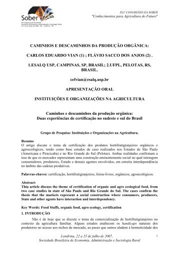 caminhos e descaminhos da produÃ§Ã£o orgÃ¢nica - SOBER