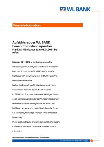 Aufsichtsrat der WL BANK benennt Vorstandssprecher. (pdf, 107 KB)