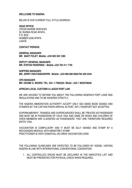 Lagos port arrival check list 2012 - Afritramp