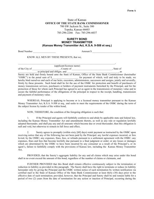 Surety Bond Form - Kansas - Office of the State Bank Commissioner