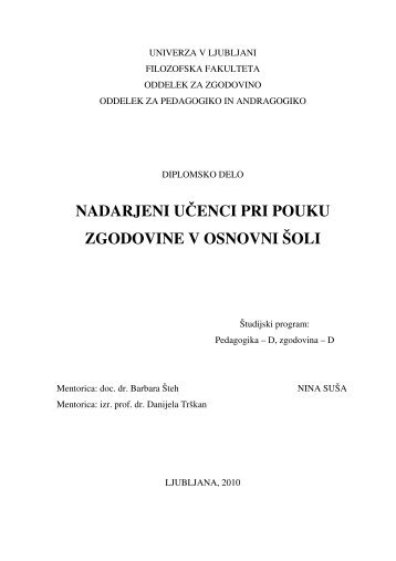 nadarjeni uÄenci pri pouku zgodovine v osnovni Å¡oli - Oddelek za ...