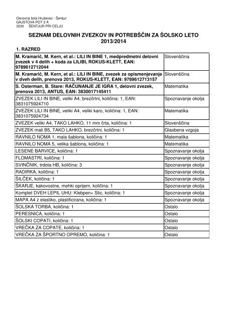 seznam delovnih zvezkov in potrebÅ¡Äin za Å¡olsko leto 2013/2014