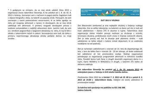 * S podpisom se strinjam, da se moj otrok udeleÅ¾i Zleta 2013 v ...