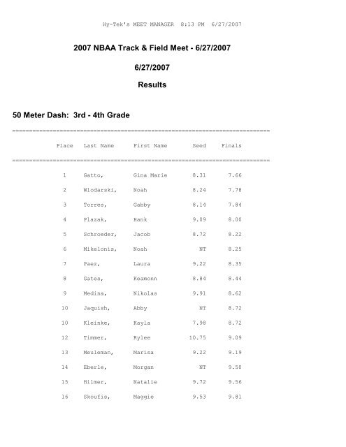 2007 Track Meet Results 6-27-2007