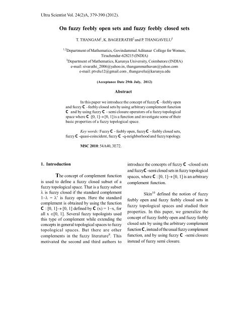 On fuzzy feebly open sets and fuzzy feebly closed ... - Ultrascientist.org