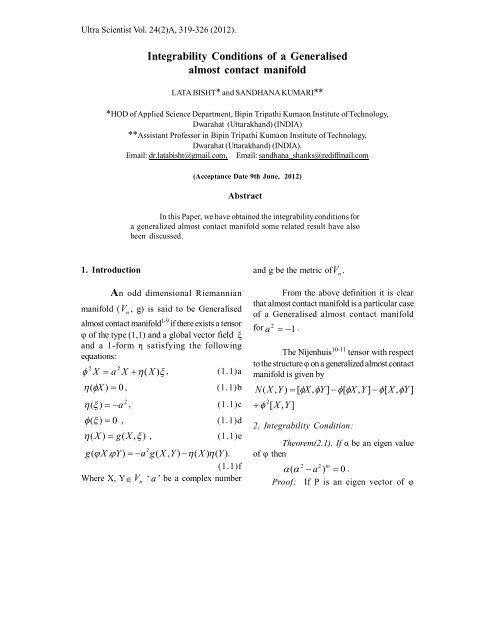 Integrability Conditions of a Generalised almost ... - Ultrascientist.org