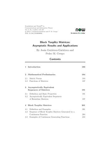 Block Toeplitz Matrices: Asymptotic Results and ... - ResearchGate
