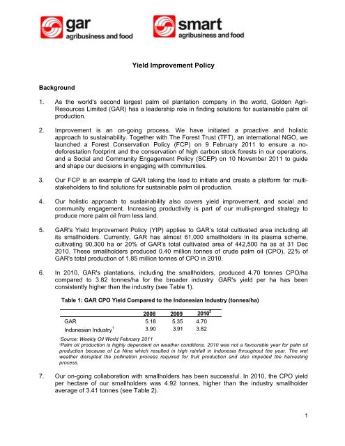 Yield Improvement Policy - PT SMART Tbk