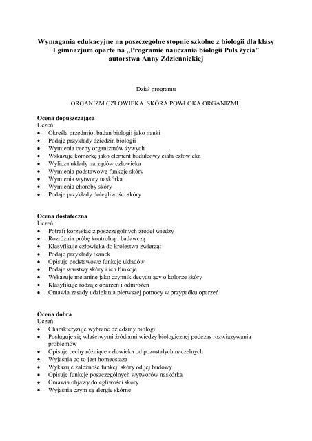 Wymagania Edukacyjne Z Biologii Dla Klasy I Gimnazjum Oparte