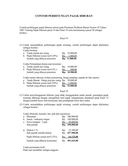 Contoh Perhitungan Pajak Hiburan Skpd Pemerintah Kota Batam