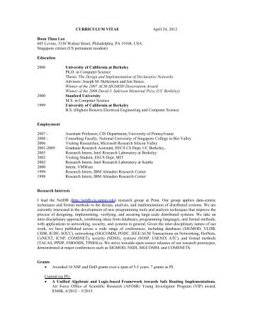 CURRICULUM VITAE April 24, 2012 Boon Thau Loo 605 Levine ...