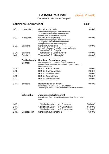 Bestell-Preisliste - Schulschachstiftung