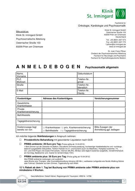 ANMELDEBOGEN Psychosomatik allgemein - Klinik St. Irmingard