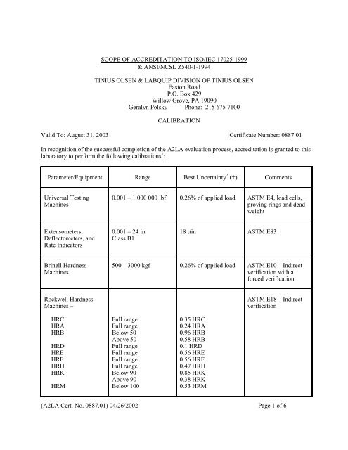 (A2LA Cert. No. 0887.01) 04/26/2002 Page 1 of 6 ... - Tinius Olsen