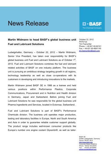 News Release - Performance Chemicals - BASF.com