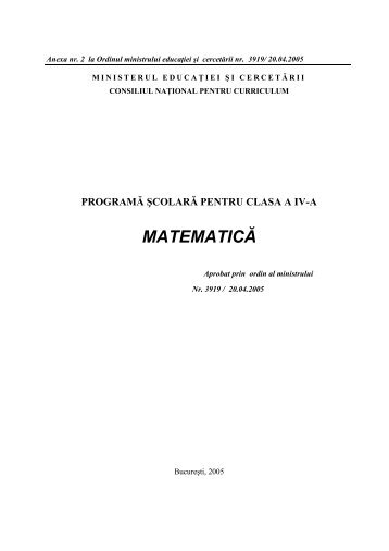 PROGRAMĂ ŞCOLARĂ PENTRU CLASA A IV-A MATEMATICĂ