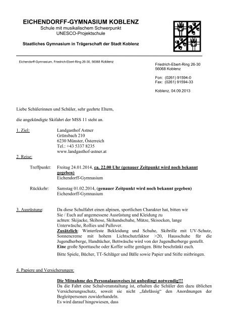 Elternbrief zur Skifahrt 2014 zum Download - Eichendorff-Gymnasium