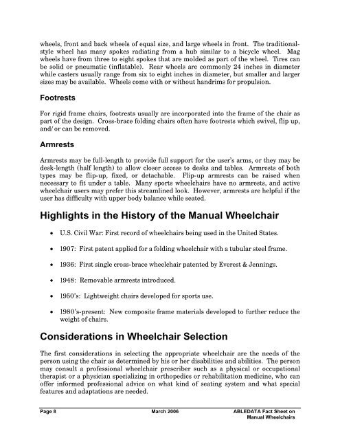 ABLEDATA Fact Sheet On Manual Wheelchairs