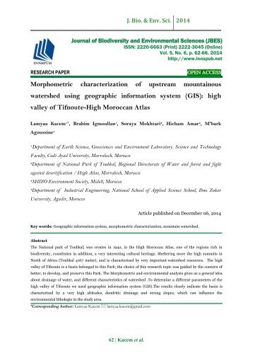 Morphometric characterization of upstream mountainous watershed using geographic information system (GIS): high valley of Tifnoute-High Moroccan Atlas