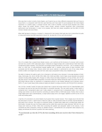 Canada HiFi L73 DVD Receiver "I can honestly say that the L73 is ...