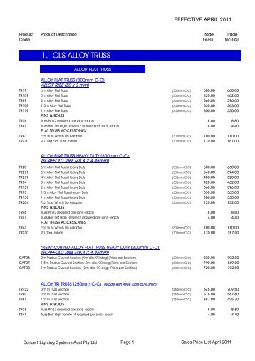 SALES PRICE LIST APRIL 2011 - Concert Lighting Systems Australia