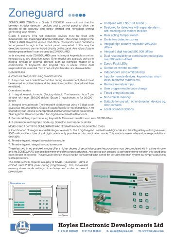 Hoyles Zoneguard Grade 3 zone omit unit Data Sheet