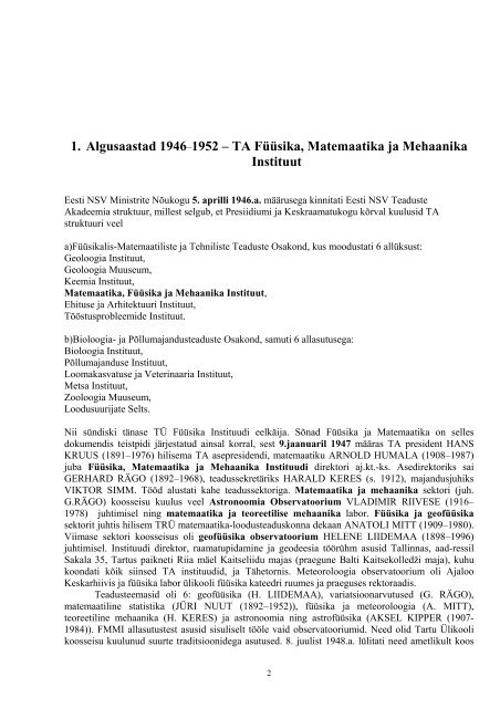 TARTU LIKOOLI FSIKA INSTITUUT 1946-1999