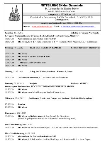 MITTEILUNGEN der Gemeinde St. Laurentius in Essen-Steele