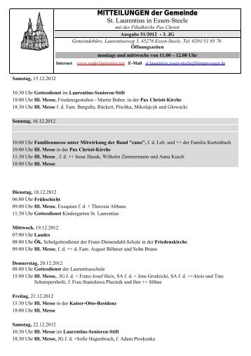 MITTEILUNGEN der Gemeinde St. Laurentius in Essen-Steele