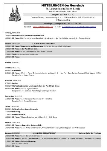 MITTEILUNGEN der Gemeinde St. Laurentius in Essen-Steele