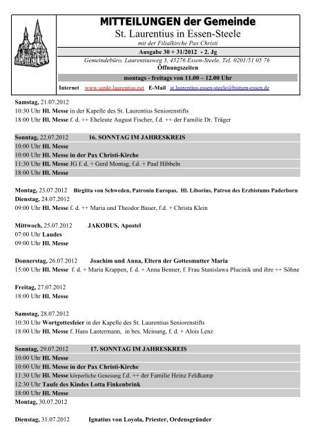 MITTEILUNGEN der Gemeinde St. Laurentius in Essen-Steele