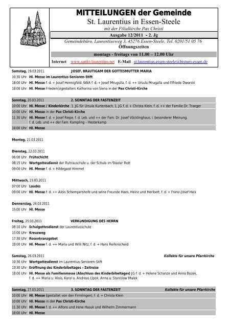 MITTEILUNGEN der Gemeinde St. Laurentius in Essen-Steele