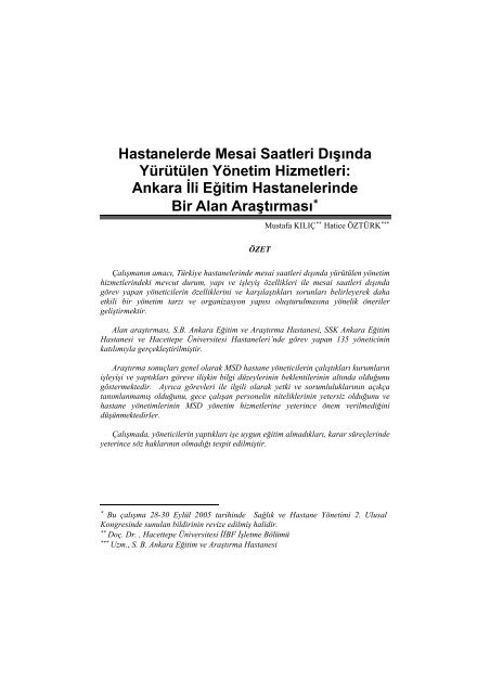 Hastanelerde Mesai Saatleri DÄ±ÅÄ±nda YÃ¼rÃ¼tÃ¼len YÃ¶netim Hizmetleri