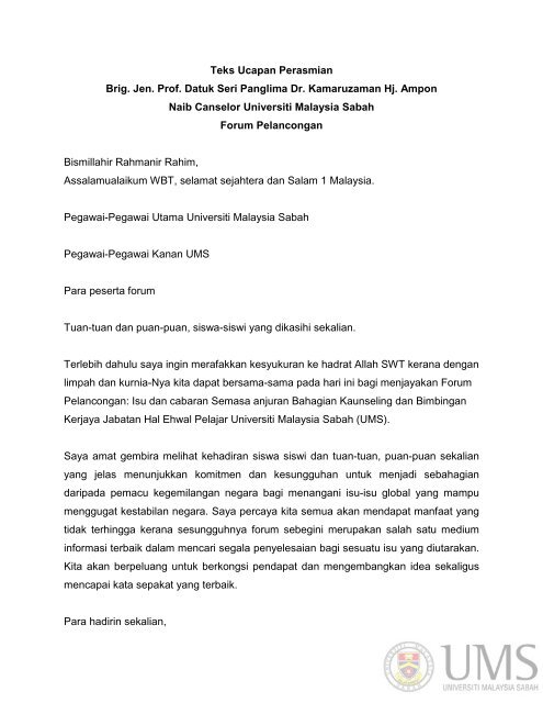 Teks Ucapan Perasmian - UMS - Universiti Malaysia Sabah