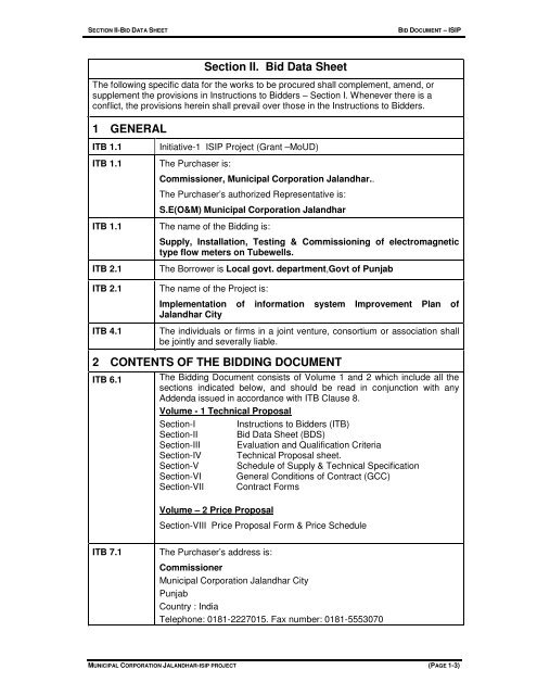Section -II (Bid Data Sheet) - Municipal Corporation Jalandhar