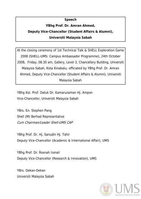 Speech - UMS - Universiti Malaysia Sabah