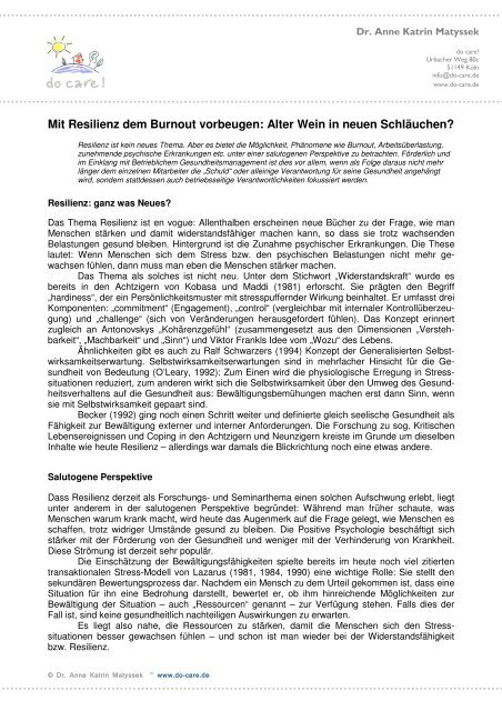 Mit Resilienz dem Burnout vorbeugen: Alter Wein in neuen - do care!