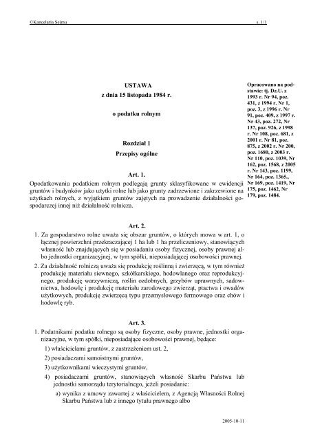 USTAWA z dnia 15 listopada 1984 r. o podatku rolnym RozdziaÅ 1 ...