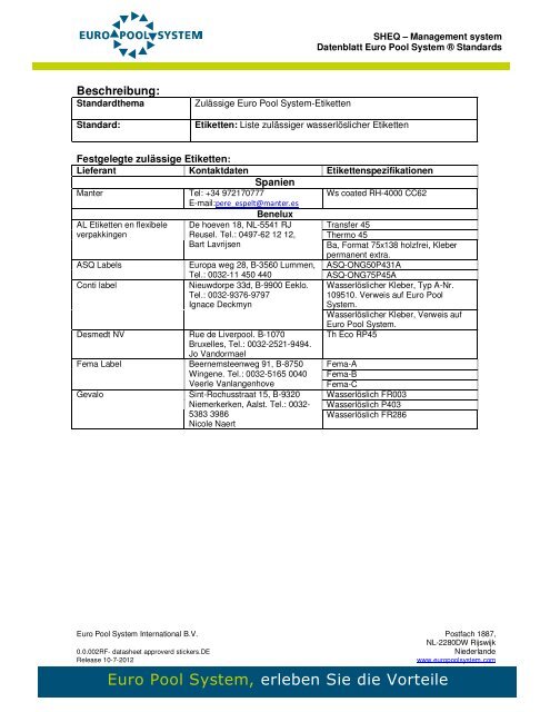 Datenblatt zulässige Etiketten - Euro Pool System