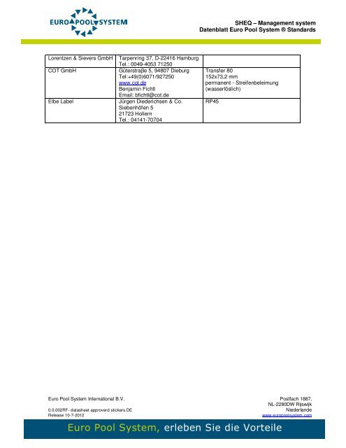 Datenblatt zulässige Etiketten - Euro Pool System